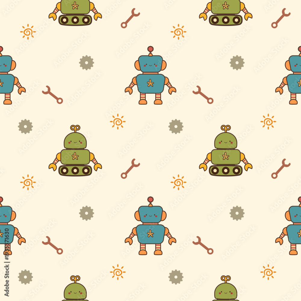 Fototapeta premium Robot green and blue cartoon so cute. On gears wrench sun background. Pattern seamless vector illustration. 