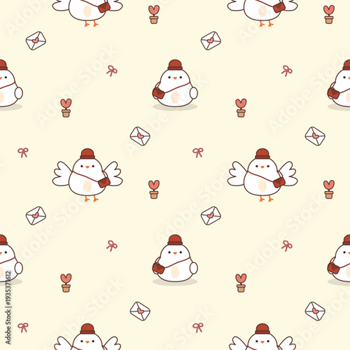 Bird postman cartoon so cute. On envelope heart bow background. Pattern seamless vector illustration. 