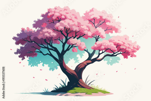 Vibrant cherry blossom tree in full bloom against clear sky with falling petals and lush green grass