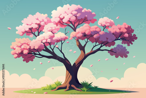 Serene cherry blossom tree with pink petals in bloom against a clear blue sky and soft clouds creating a tranquil scenic landscape