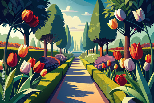 Vibrant garden pathway with blooming tulips and manicured hedges under a bright, sunny sky