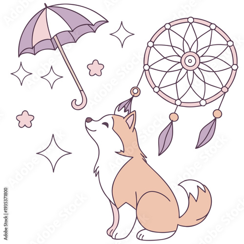 Dreamland themed SVG: Gentle Akita with with a tiny crown in a Fantasy dream environment