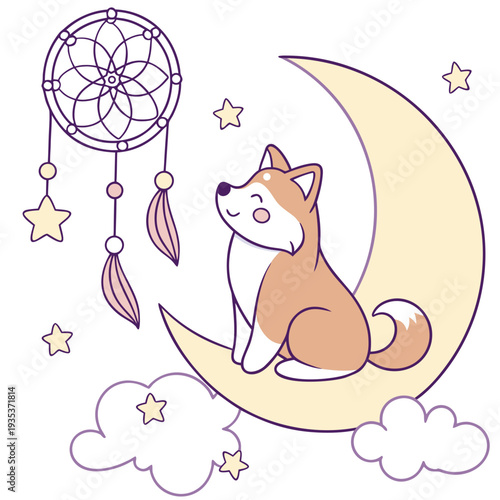 Cute Excited Akita, accessorized with sitting on a moon, in a Fantasy dream world – Dreamland palette vector