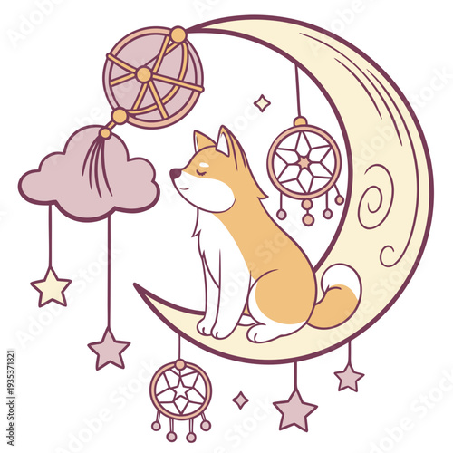 Delightful Happy Akita in a Fantasy dream scene with sitting on a moon – Dreamland vector illustration