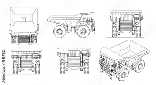 169Mining Hopper Truck AutoCAD Blueprint Vector – Multi View Industrial Technical Drawing