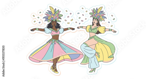 Two Women Wearing Traditional Colorful Costumes Dancing.