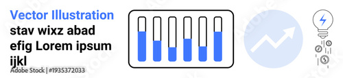 Free Download Bar chart with varying levels, growth arrow in a circle denoting performance, light bulb symbolizing ideas and innovation. Ideal for analytics, business, growth, innovation, performance, energy - GFXLoad