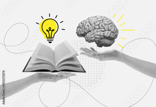 Knowledge Transfer and Creative Thinking Concept with Open Book, Brain and Lightbulb Halftone Collage