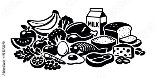 Food groups creating a balanced diet, including fruits, vegetables, meat, fish, eggs, dairy, and grain staples for health and wellness