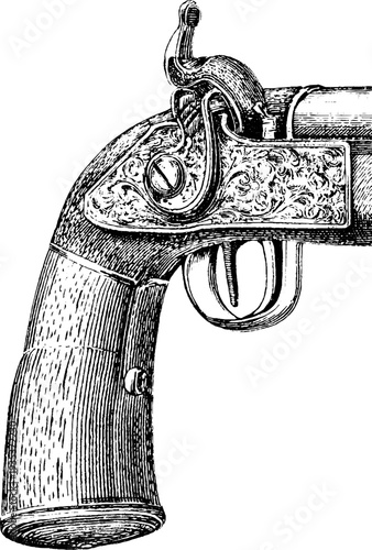 Detailed 18th century pistol with botanical engraving - vintage weapon etching for historical designs