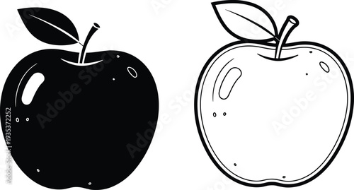 Red apple fruit silhouettes and outline icons set, cad drawing flat vector illustration, healthy food and organic farm product symbols.