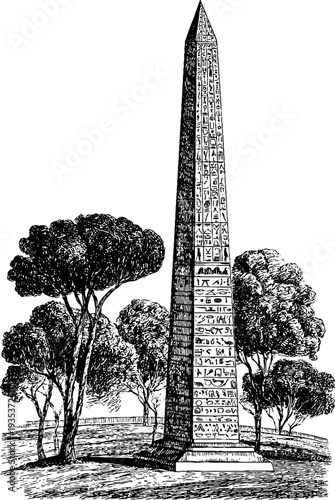 Ancient obelisk with hieroglyphs amidst trees - vintage hand drawn engraving for design