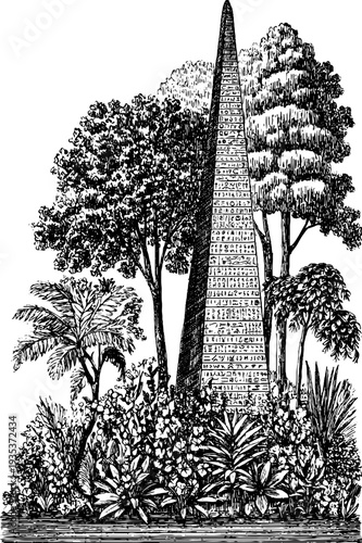 Vintage hand-drawn obelisk with hieroglyphs and trees vertical design for historical art