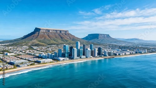 Aerial view of modern coastal city skyline with iconic flat-topped mountains (Table Mountain & Lion's Head) in background, Cape Town, South Africa