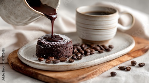 A chocolate espresso pot dessert with coffee beans scattered naturally around the serving dish