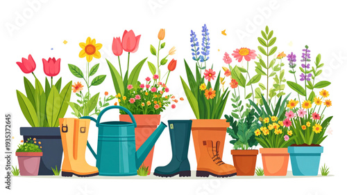 Spring gardening tools and flowers illustration set featuring watering cans, boots, gloves, pots, and blooming plants in colorful flat vector style