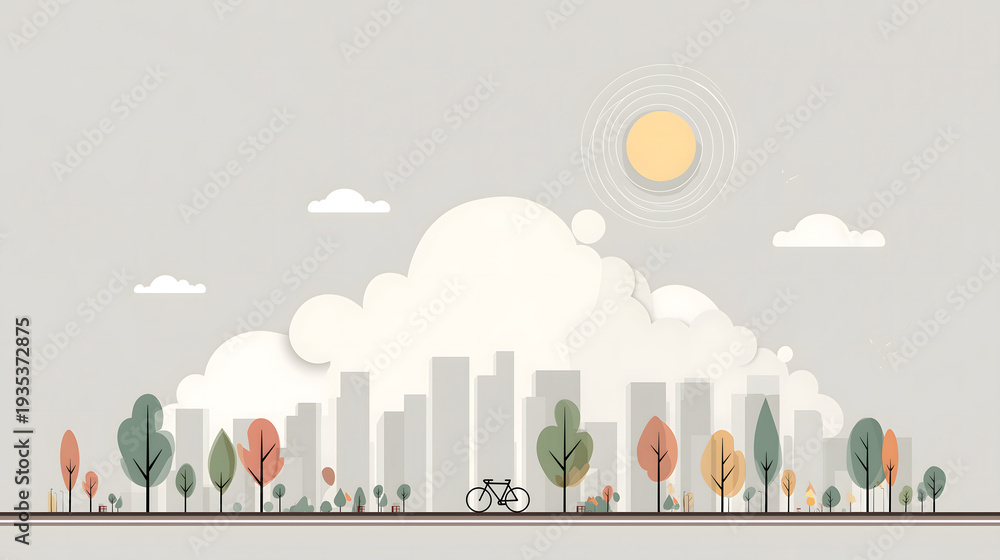 Obraz premium A serene cityscape a cyclist riding through a park on a sunny day
