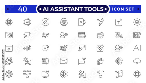 AI Assistant Tools outline icon. Tools arm robotic virtual fitting icon hem futuristic tailoring sensor vector ironing.