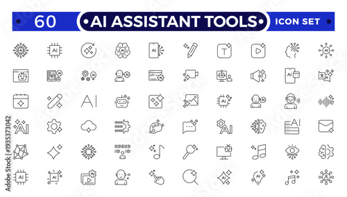 AI Assistant Tools outline icon. Tools arm robotic virtual fitting icon hem futuristic tailoring sensor vector ironing.