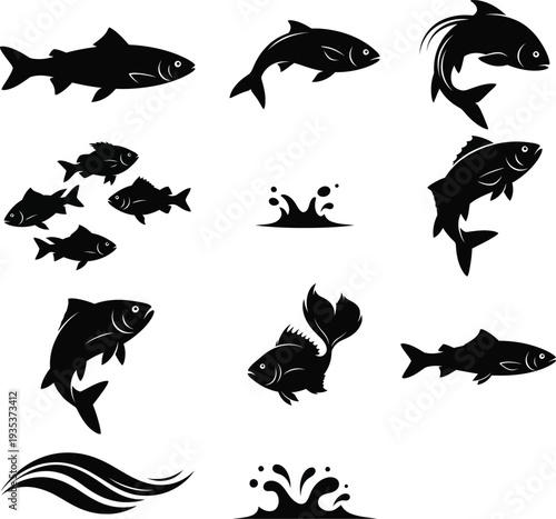 Set of 11 fish icons vector