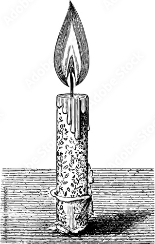 Vertical vintage candle illustration with dripping wax and botanical engraving for design and decoration