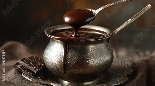 A rich dark chocolate pot with glossy surface reflecting light dramatically