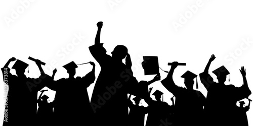 Graduating students celebrating success throwing graduation caps. Crowd of silhouettes. Vector illustration.