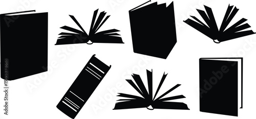 Black book silhouettes open closed diagonal, abstract literary icons minimal design, education reading concept, creative illustration background, knowledge learning art
