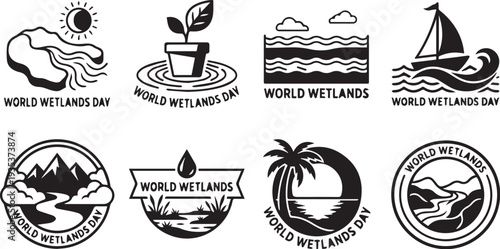 World Wetlands Day logos set with water plants rivers mountains boats birds sun ecological conservation awareness campaign vector design