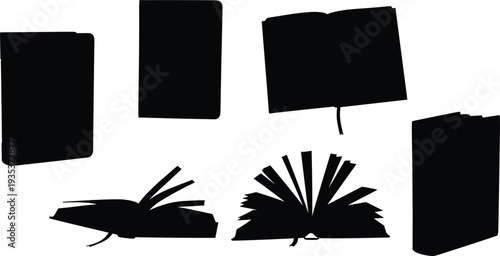 Black book silhouettes open closed bookmark fanned, abstract literary icons minimal design, education reading concept, creative illustration background knowledge art