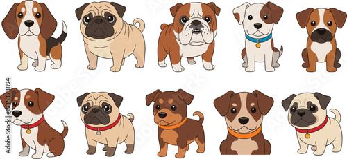 Adorable Puppy Dog Breeds Illustration Set with Pug, Bulldog, Beagle and Mixed Cartoon Dogs for Pet Lover Design