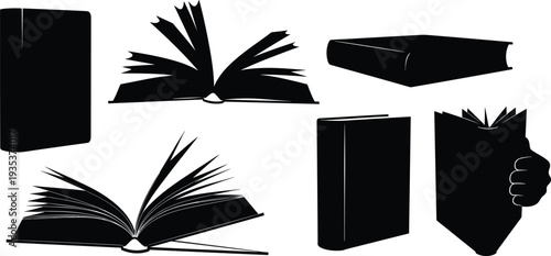 Black book silhouettes open closed hand holding, abstract literary icons minimal design, education reading concept, creative illustration background pattern