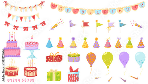 Birthday party decoration bundle. Cartoon hand drawn vintage garlands, bunting, flags, party hats, gifts, balloons, cakes dessert, candles. Vector set with isolated elements for stickers, planner, web