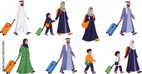 Arab Muslim Family Travelers Walking with Luggage Cartoon Vector Character Set of Middle Eastern People Traveling with Suitcases
