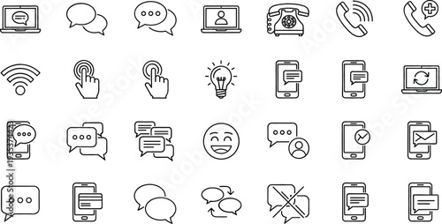 Customer Support and Online Communication Line Icon Set Featuring Chat, Phone Call, Email, WiFi, Touchscreen and Feedback Symbols