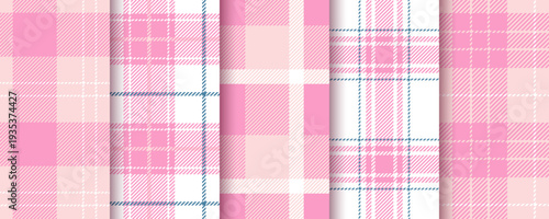 Plaid seamless pattern. Tartan pink background. Flannel girly texture. Set gingham fabrics. Checkered cloth wallpaper. Vichy cloth prints. Lumberjack table cloth. Shirt textile. Vector illustration