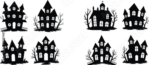 Haunted house silhouette set, spooky Halloween illustration, creepy mansion vector, scary ghost house, horror clipart, eerie design, dark trees.