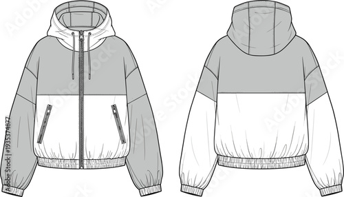 Fashion technical sketch of a hooded zip-up windbreaker jacket vector template featuring front and back views in grey and white.