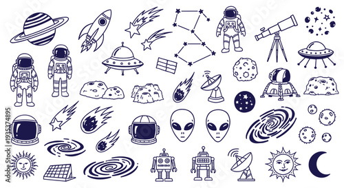 Collection of space exploration and science fiction elements including planets rockets astronauts aliens and galaxies for creative design