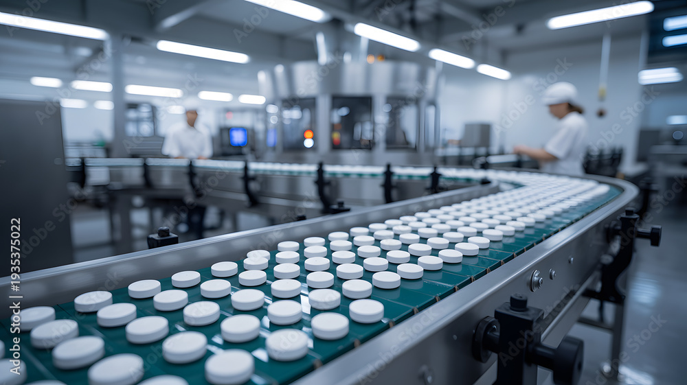 Obraz premium A pharmaceutical factory production line with workers in white lab coats