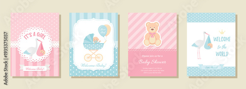 Baby Shower invite template. Baby boy girl birth party card. Welcome background. Blue pink layouts of invitation banner. Happy greeting poster. Cute holiday flyer. Flat design. Vector illustration