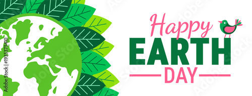 Happy Earth Day background, banner or poster design template. White Graphic with Bold Green and Pink Typography Featuring a Green Global Map Framed by Lush Leaves and a Whimsical Bird to Celebrate Nat