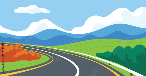 Mountain and road, asphalt road in green field and mountains view