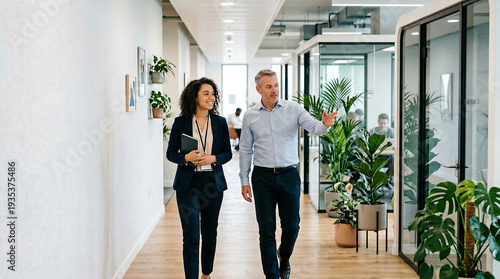 Manager guiding new hire through modern office corridor during onboarding tour leadership mentoring workplace culture and career development