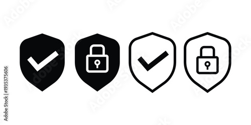 Cyber Security Shield Icon Set with Checkmark and Padlock Symbols in Black Solid and Thin Line Styles for Data Protection and Privacy UI