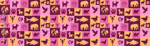 Pink and Purple Grid Graphic with Icons of Domestic Pets, Farm Animals, Wildlife, and Global Maps to Celebrate Veterinary Professionals and Animal Health. World Veterinary Day background, banner