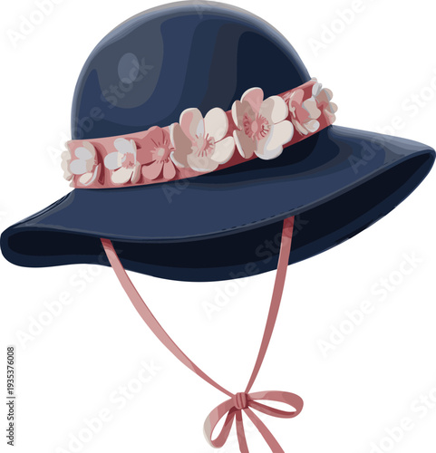 Wide-brimmed navy sun hat with floral band and chin strap bow, feminine fashion accessory, CAD drawing, flat vector illustration