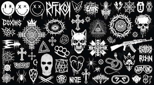 Collection of various tattoo designs and symbols on black background with white illustrations