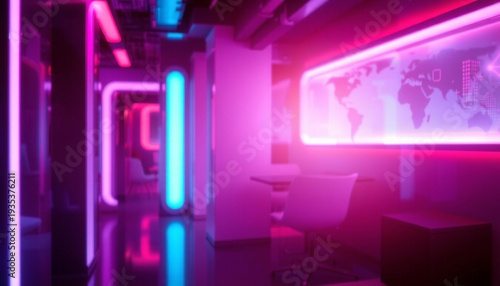 Futuristic office neon light pink glow blue glow corridor interior modern workspace tech design world map abstract background soft neon undertone Futuristic office neon light pink glow blue glow