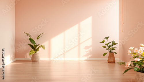 Soft pastel color sunlight empty room plant vase wall floor interior minimal home decor Sunlight casting soft pastel color empty room with plant vase near wall floor interior minimal home decor